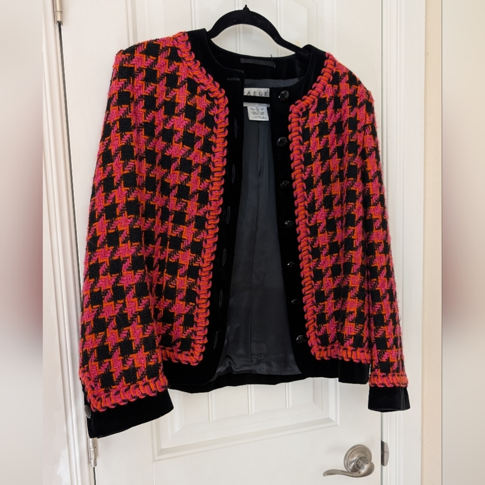 RARE VTG Jaeger Hot Pink‎ & Orange Houndstooth Blazer